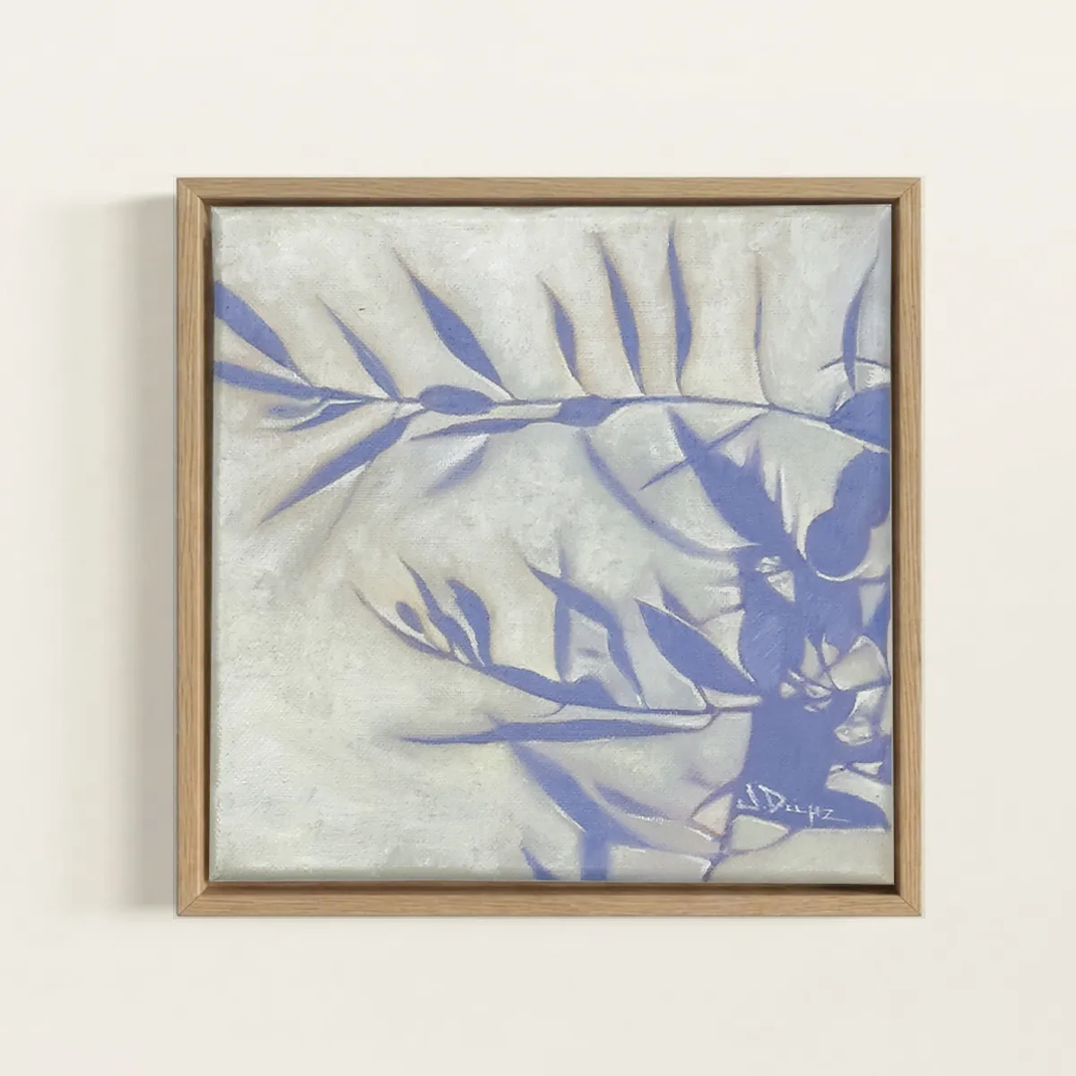Obra en óleo de siluetas botánicas en azul lila sobre fondo crema, serie Estudio de las sombras